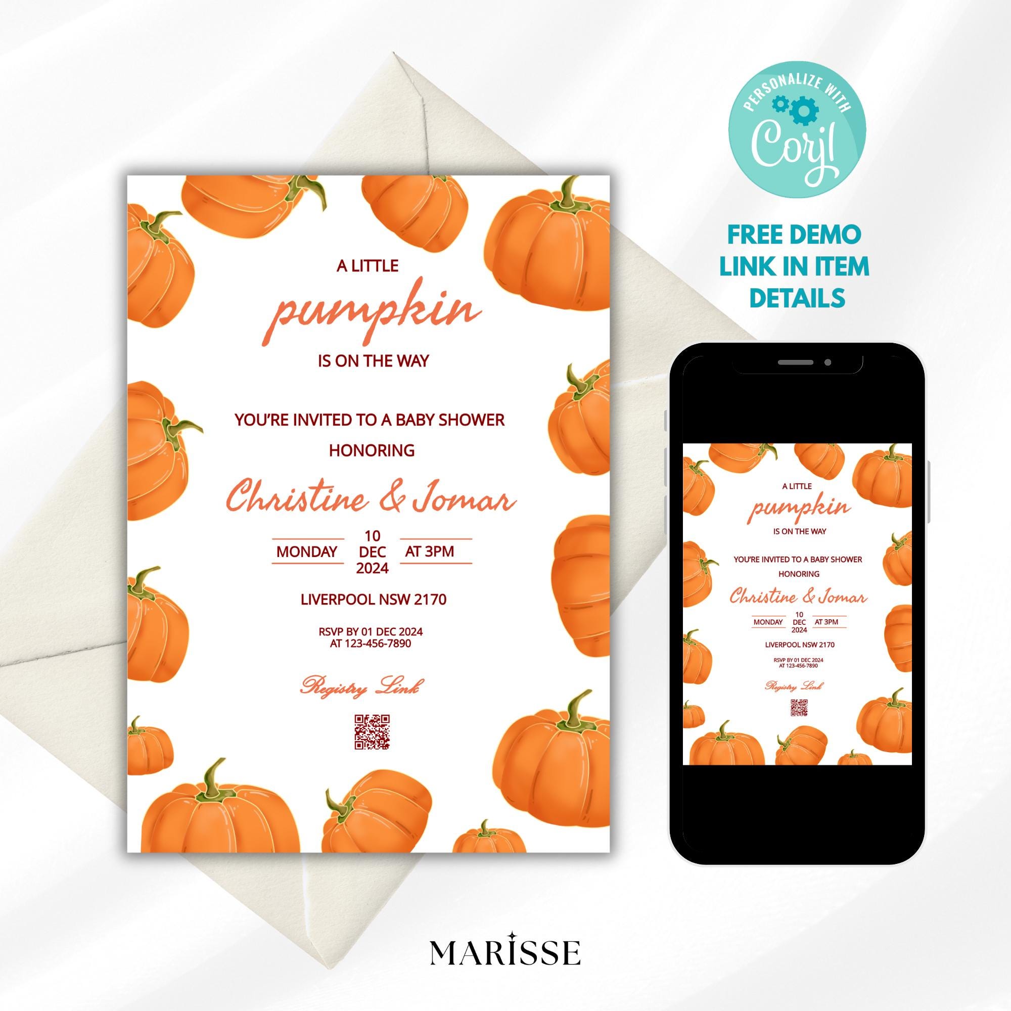 Little Pumpkin Baby Shower Invitation, Fall Baby Shower Invite, Autumn Pumpkin Theme, Gender Neutral Baby Shower Template, Digital Download