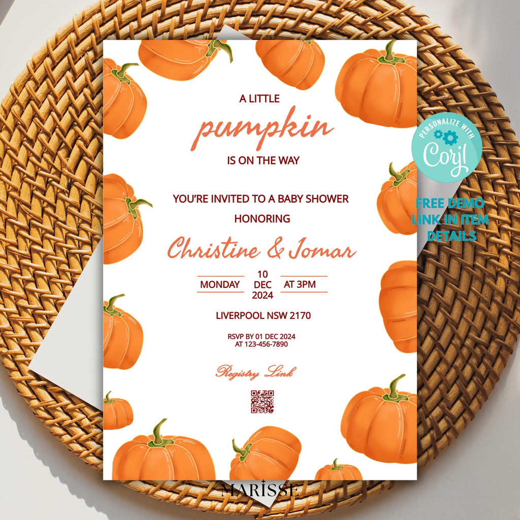 Little Pumpkin Baby Shower Invitation, Fall Baby Shower Invite, Autumn Pumpkin Theme, Gender Neutral Baby Shower Template, Digital Download