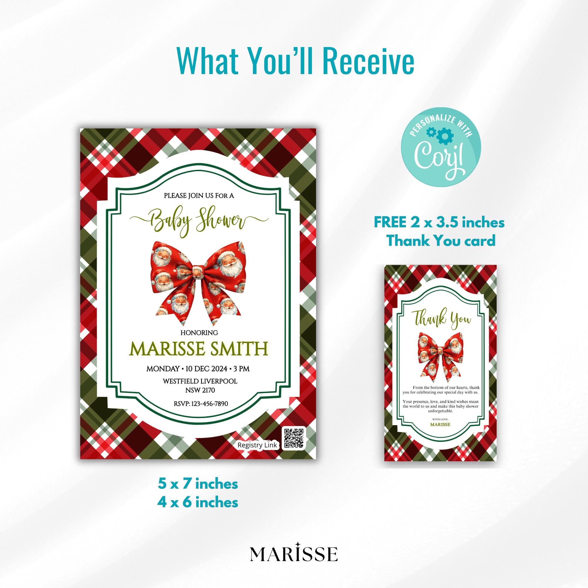 Christmas Baby Shower Invitation Template | Editable Holiday Red Plaid Santa Bow Invite | Printable Winter Baby Shower | Instant Download