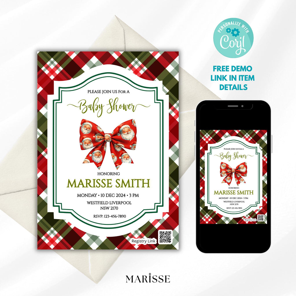 Christmas Baby Shower Invitation Template | Editable Holiday Red Plaid Santa Bow Invite | Printable Winter Baby Shower | Instant Download