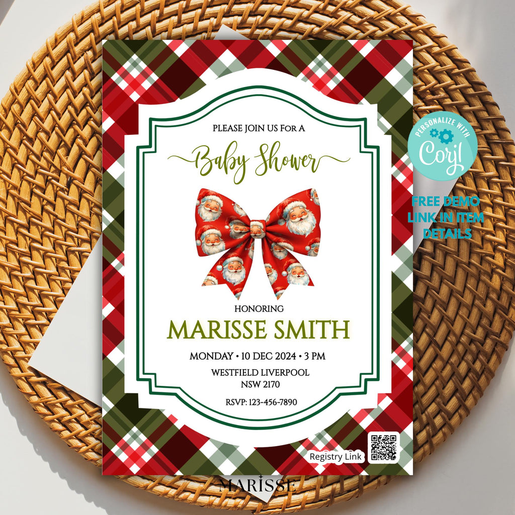 Christmas Baby Shower Invitation Template | Editable Holiday Red Plaid Santa Bow Invite | Printable Winter Baby Shower | Instant Download