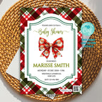 Christmas Baby Shower Invitation Template | Editable Holiday Red Plaid Santa Bow Invite | Printable Winter Baby Shower | Instant Download
