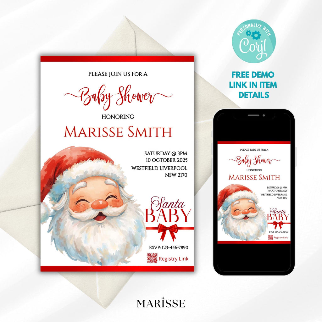 Santa Baby Shower Invitation | Christmas Baby Shower Template | Editable Holiday Invite | Winter Baby Shower Printable | Festive Santa Theme