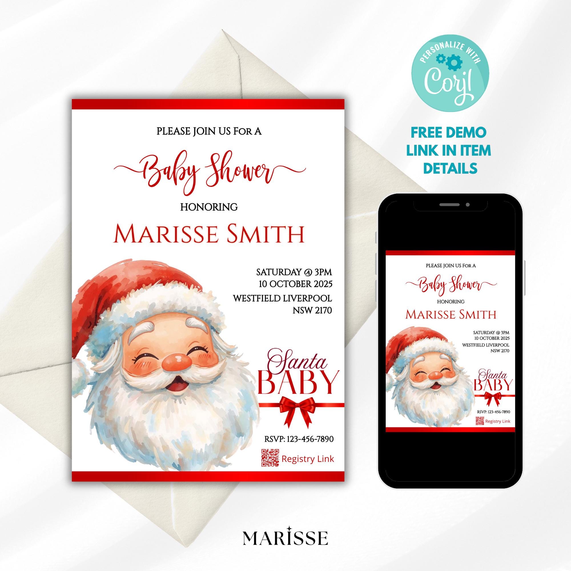 Santa Baby Shower Invitation | Christmas Baby Shower Template | Editable Holiday Invite | Winter Baby Shower Printable | Festive Santa Theme