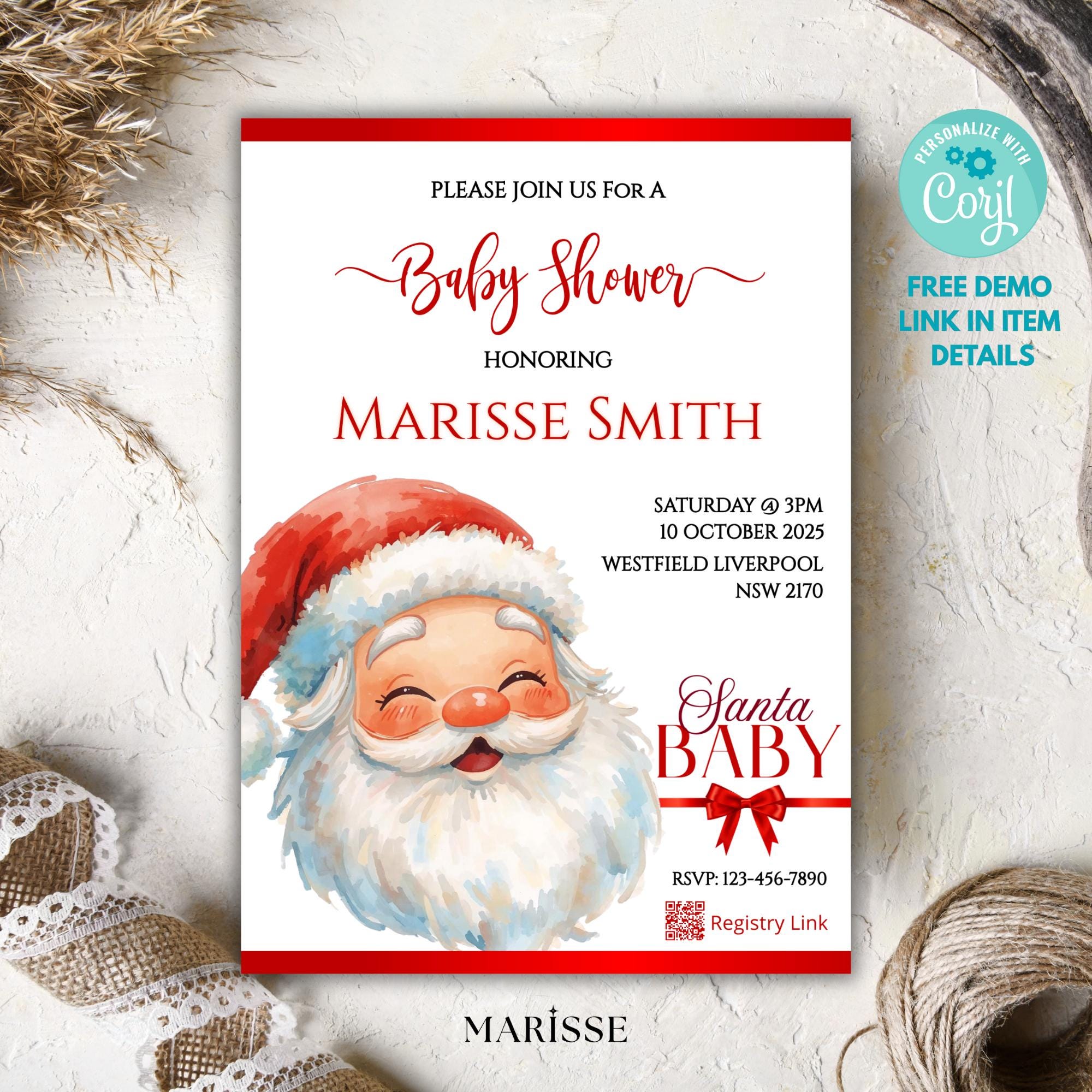 Santa Baby Shower Invitation | Christmas Baby Shower Template | Editable Holiday Invite | Winter Baby Shower Printable | Festive Santa Theme