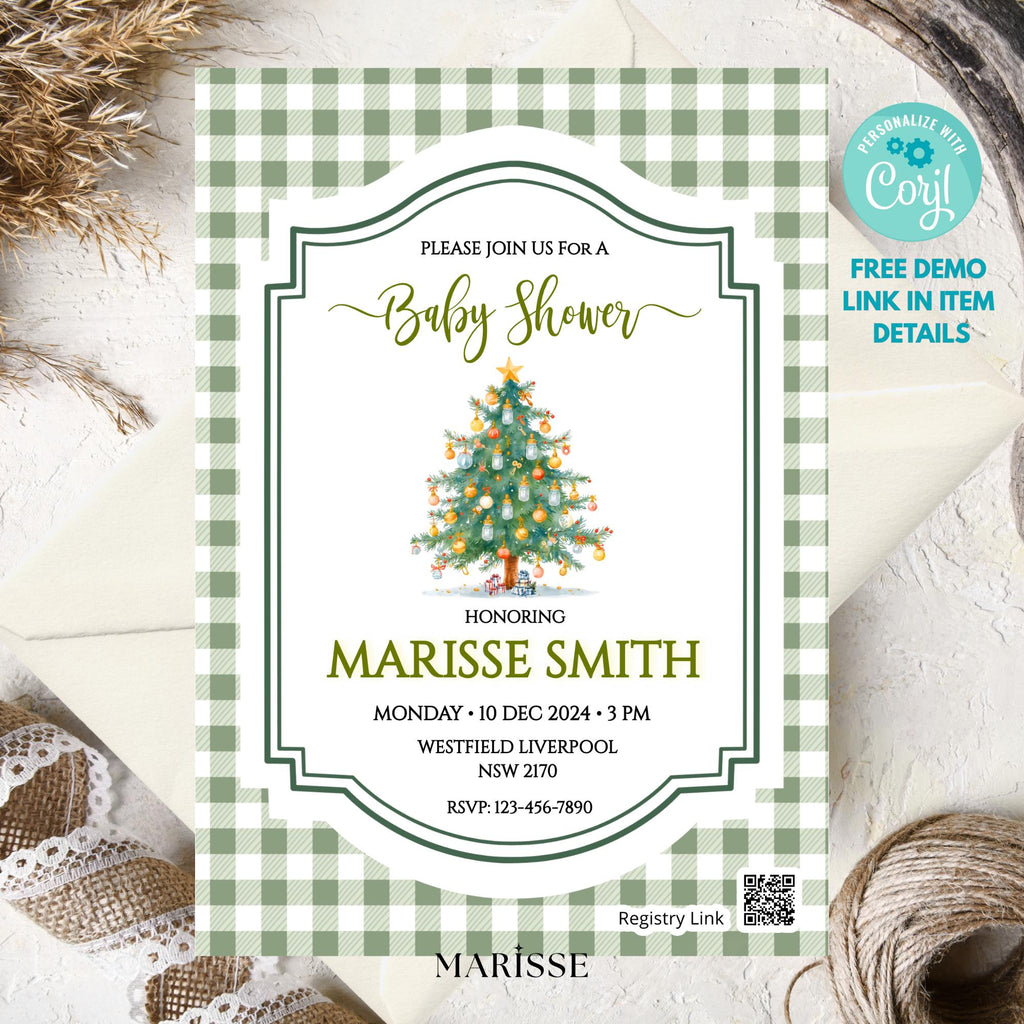 Christmas Tree Baby Shower Invitation Template | Editable Holiday Baby Shower Invite | Green Gingham Winter Baby Shower | Instant Download