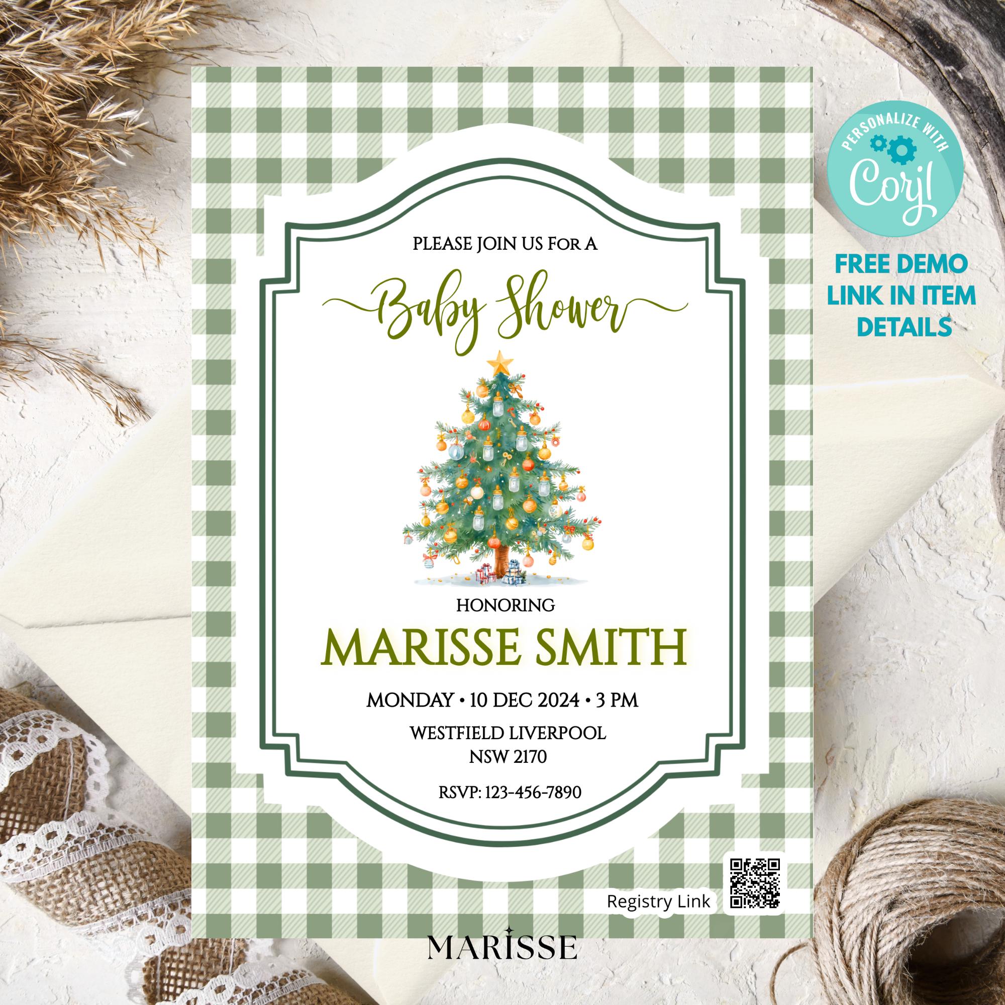 Christmas Tree Baby Shower Invitation Template | Editable Holiday Baby Shower Invite | Green Gingham Winter Baby Shower | Instant Download