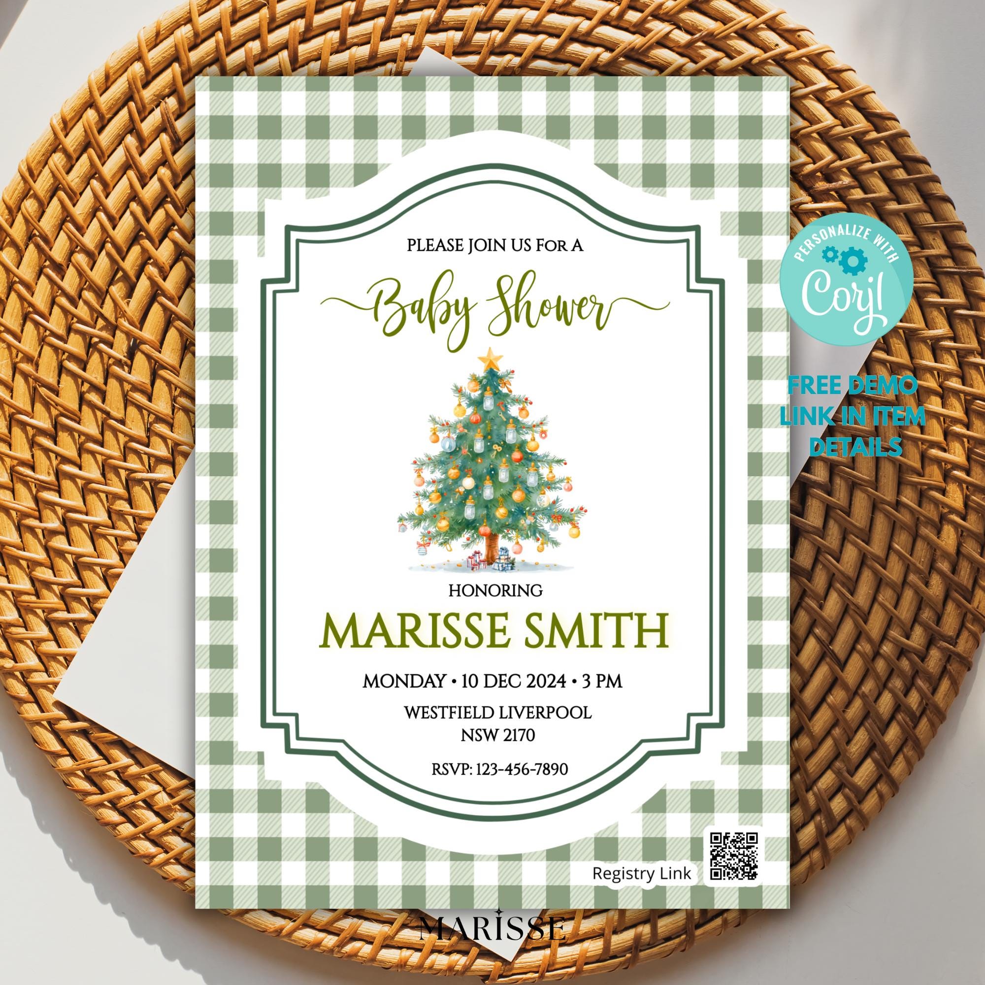 Christmas Tree Baby Shower Invitation Template | Editable Holiday Baby Shower Invite | Green Gingham Winter Baby Shower | Instant Download