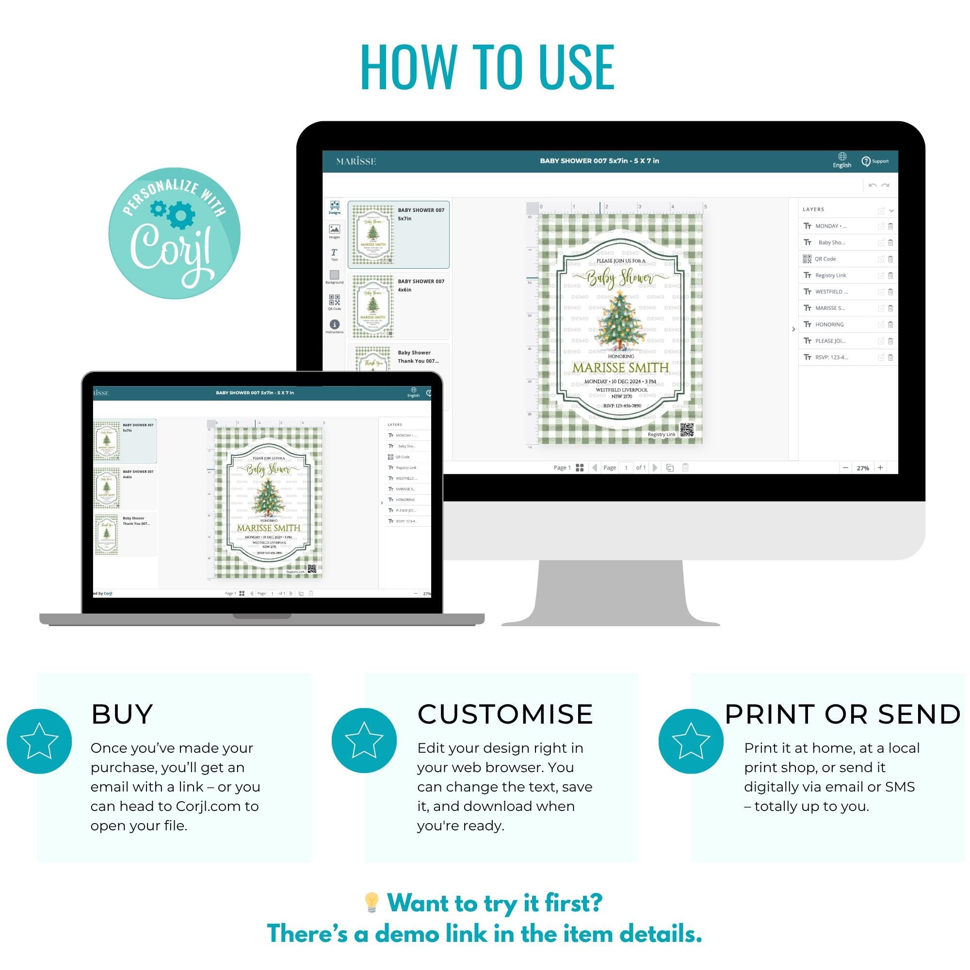 Christmas Tree Baby Shower Invitation Template | Editable Holiday Baby Shower Invite | Green Gingham Winter Baby Shower | Instant Download