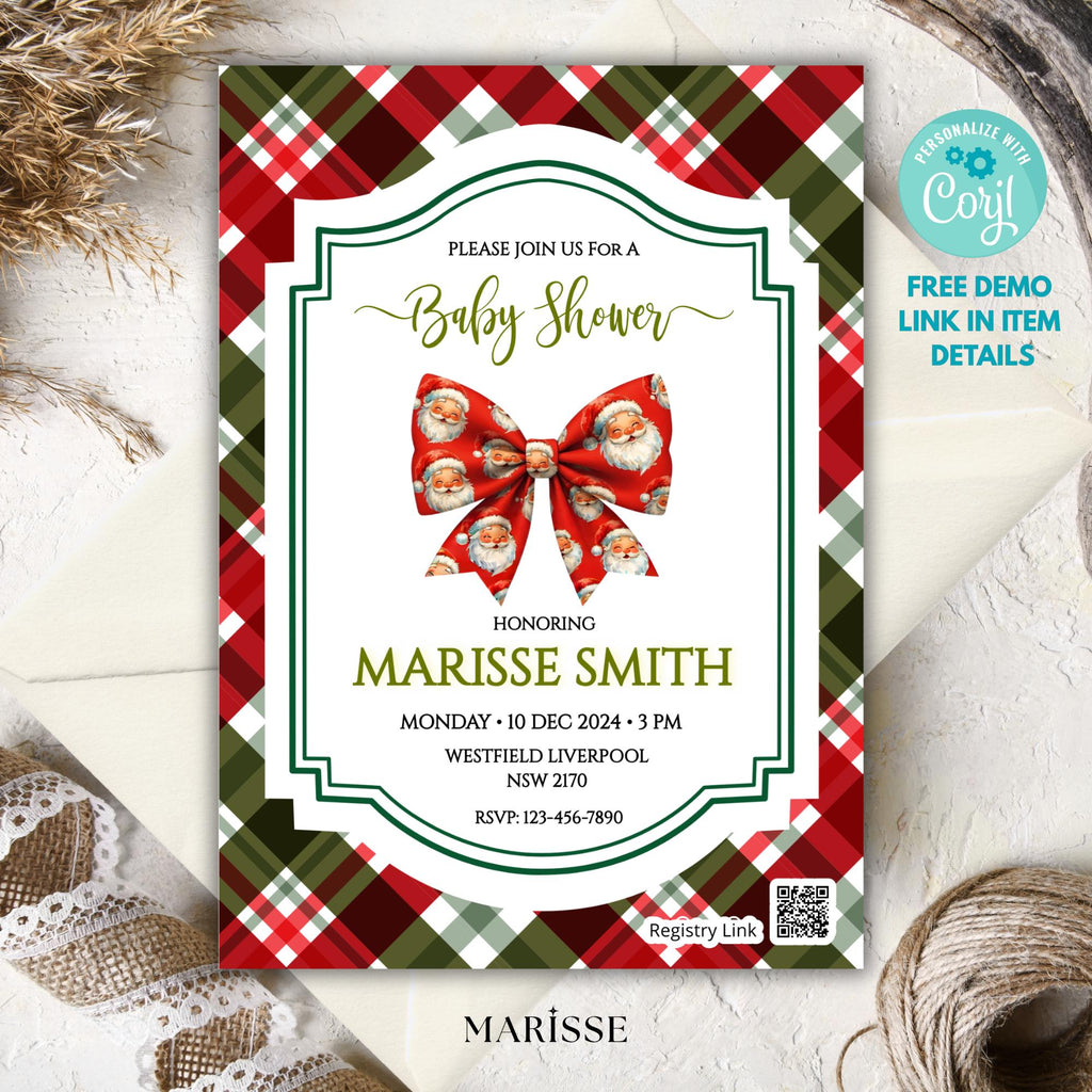 Christmas Baby Shower Invitation Template | Editable Holiday Red Plaid Santa Bow Invite | Printable Winter Baby Shower | Instant Download