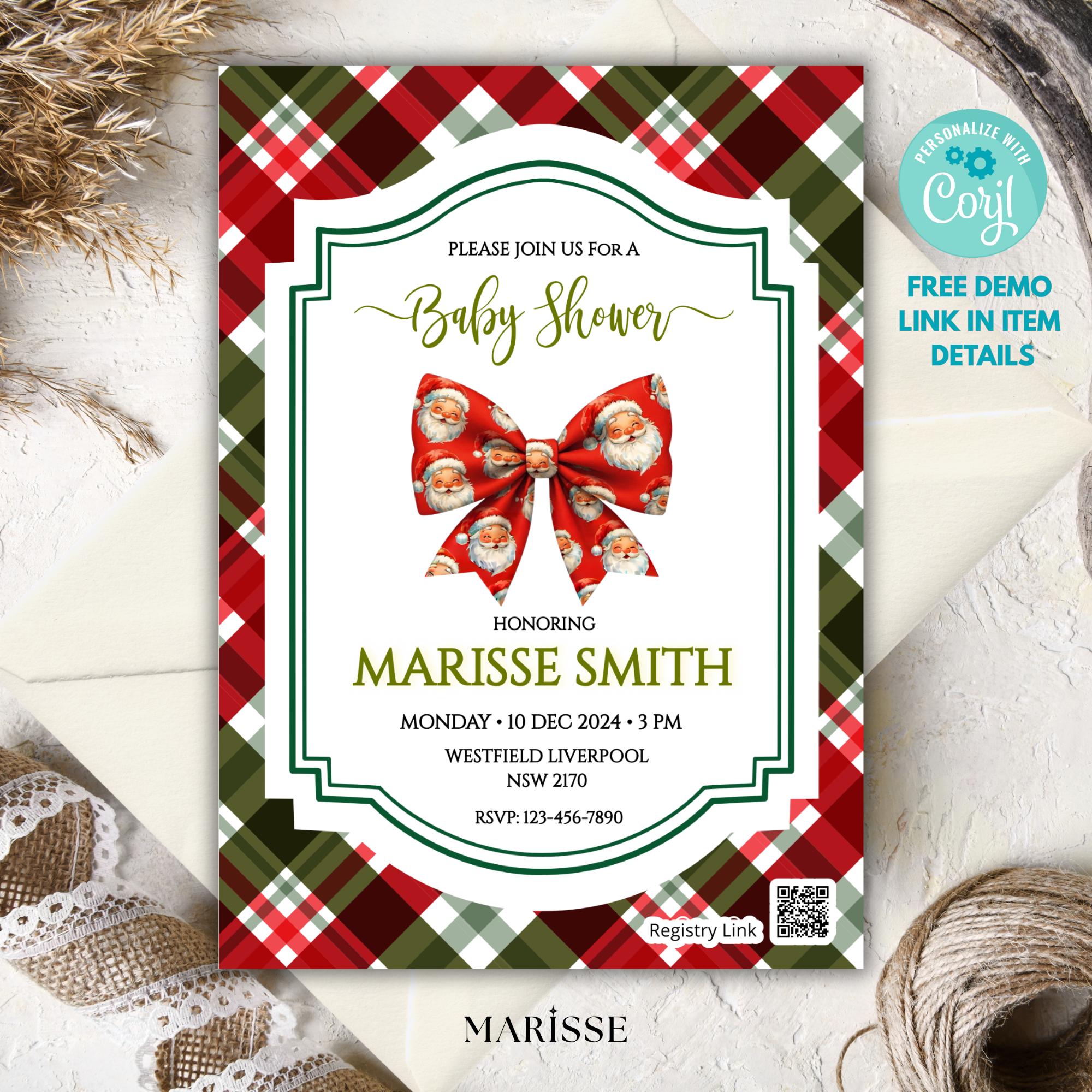 Christmas Baby Shower Invitation Template | Editable Holiday Red Plaid Santa Bow Invite | Printable Winter Baby Shower | Instant Download