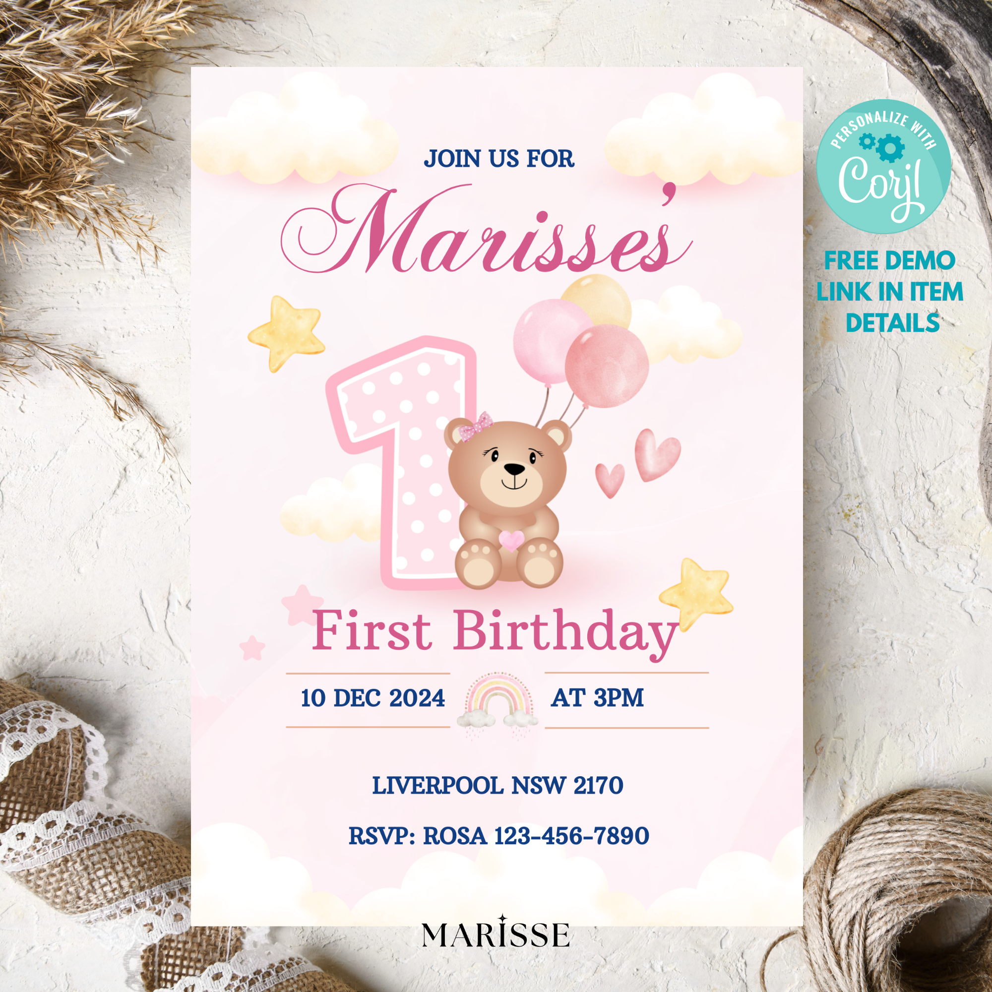 Beary 1st Birthday Invitation Girl | Pink Bear with Bow Balloons Clouds | Editable Birthday Invite Template | Baby Girl Party Digital